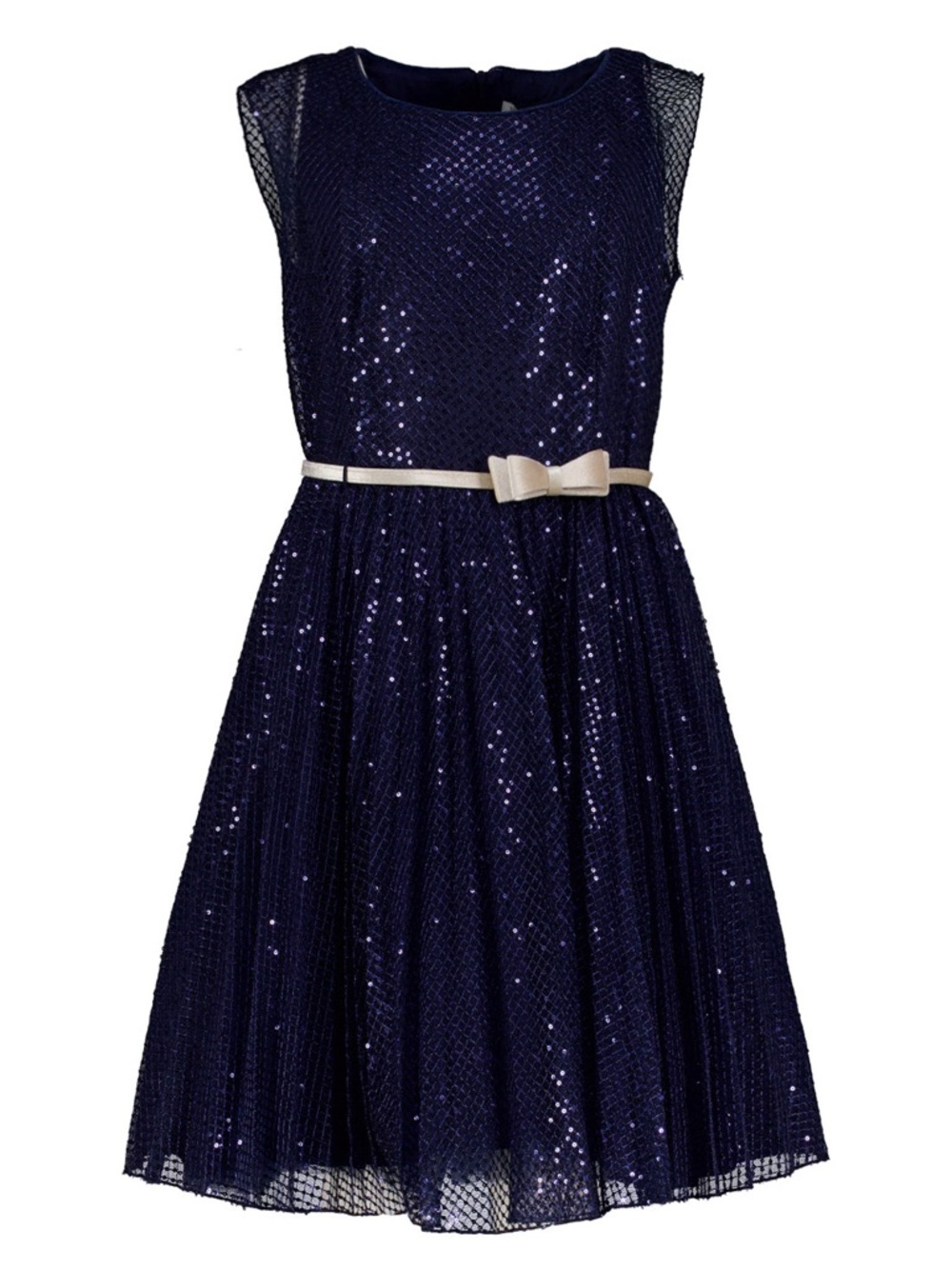 MonnaLisa Navy Blue Sequin Party Dress with Cream velvet Bow Belt